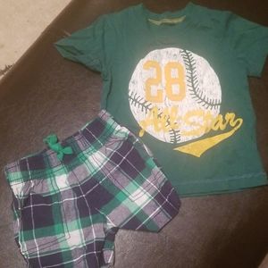 Baseball t with green plaid shorts